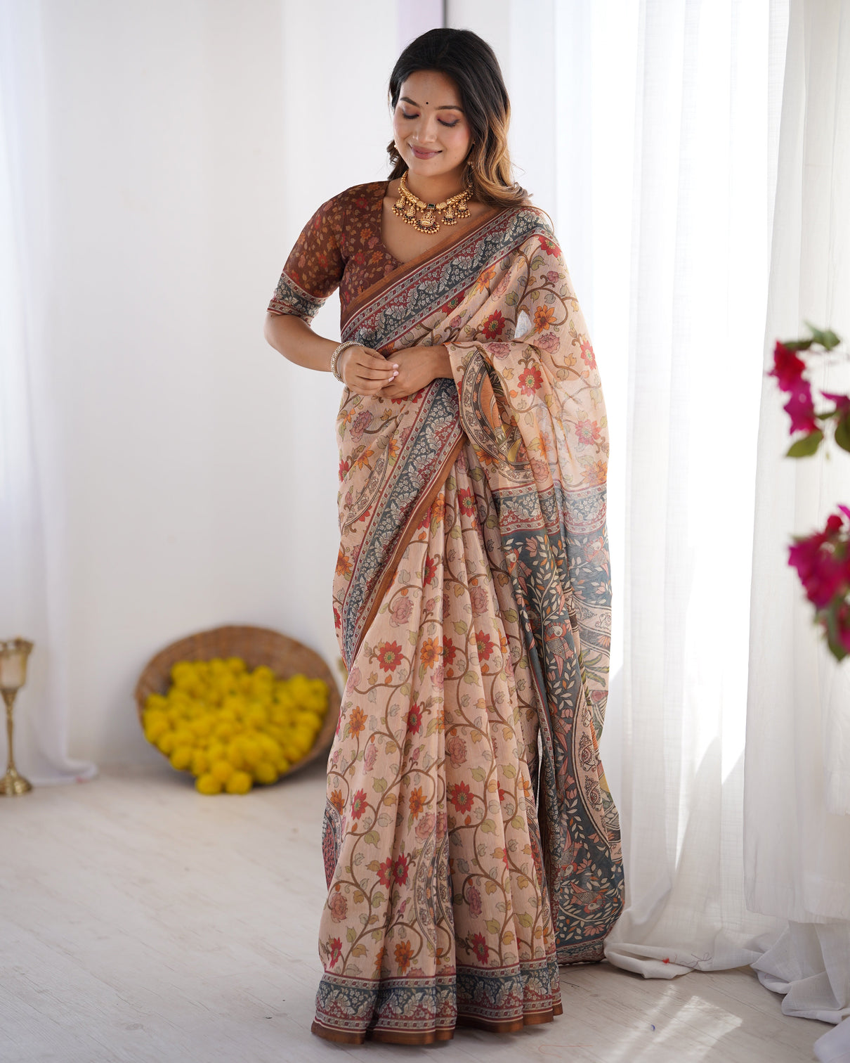 Handloom linen cotton printed saree with traditional mithila art pallu earthy beige maroon