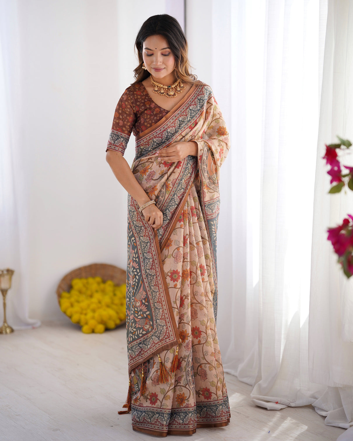 Handloom linen cotton printed saree with traditional mithila art pallu earthy beige maroon