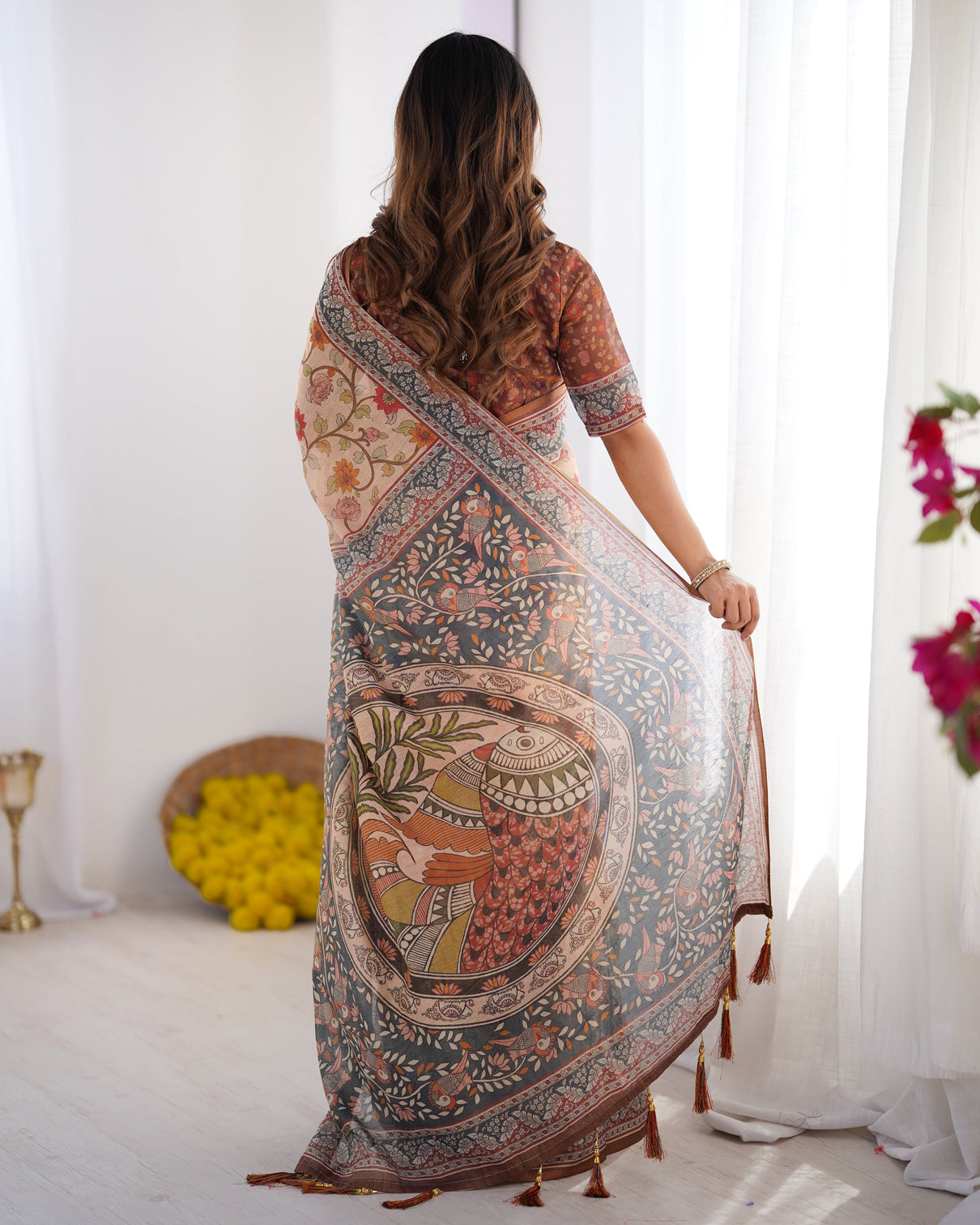 Handloom linen cotton printed saree with traditional mithila art pallu earthy beige maroon