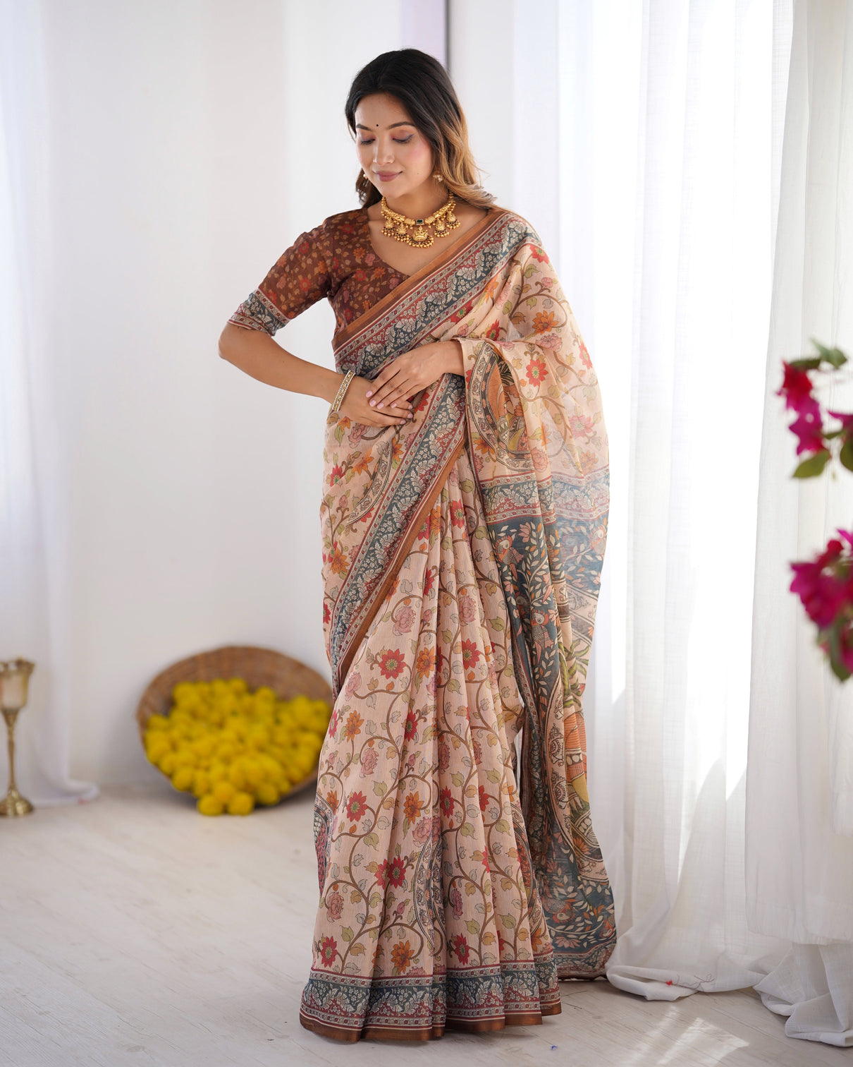 Handloom linen cotton printed saree with traditional mithila art pallu earthy beige maroon mameraa