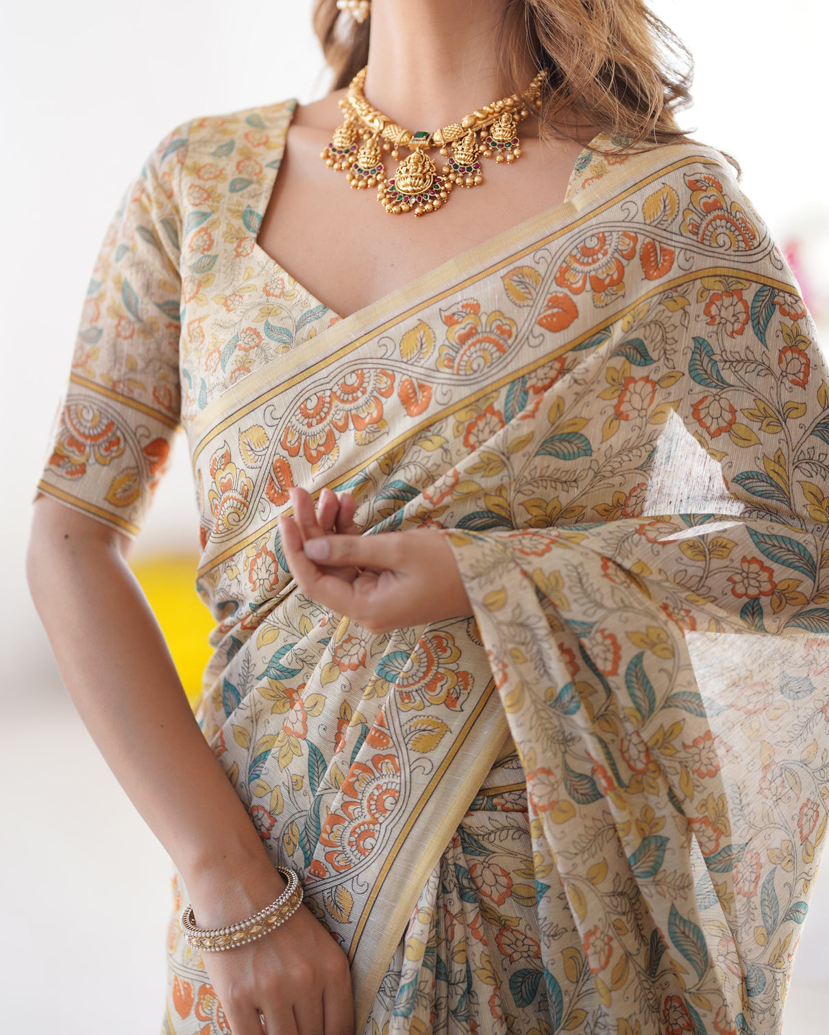 Handloom linen cotton printed saree with mythical animal art pallu soft cream with terracotta teal accents