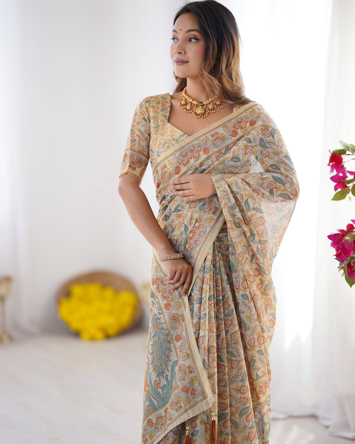 Handloom linen cotton printed saree with mythical animal art pallu soft cream with terracotta teal accents