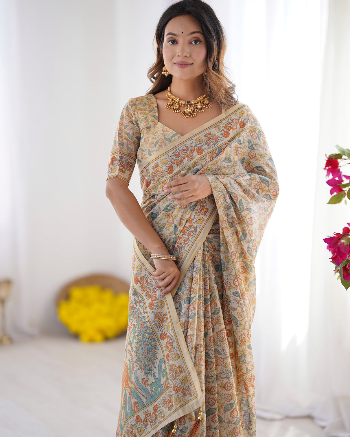 Handloom linen cotton printed saree with mythical animal art pallu soft cream with terracotta teal accents