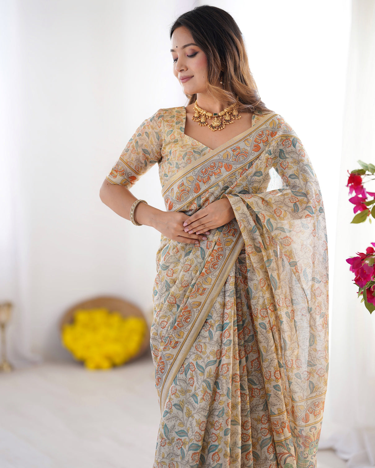 Handloom linen cotton printed saree with mythical animal art pallu soft cream with terracotta teal accents