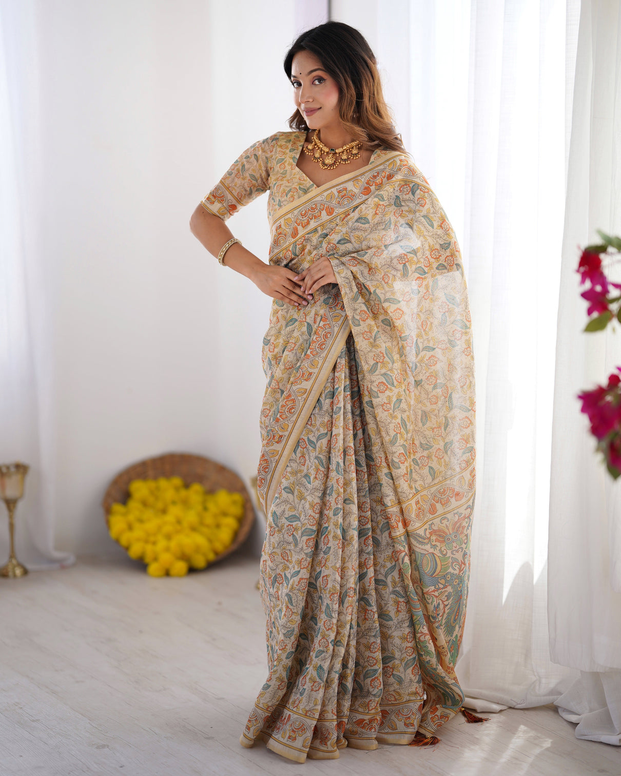 Handloom linen cotton printed saree with mythical animal art pallu soft cream with terracotta teal accents