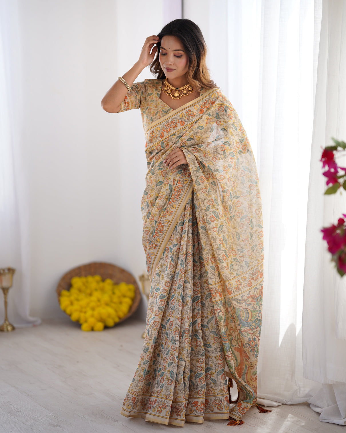 Handloom linen cotton printed saree with mythical animal art pallu soft cream with terracotta teal accents