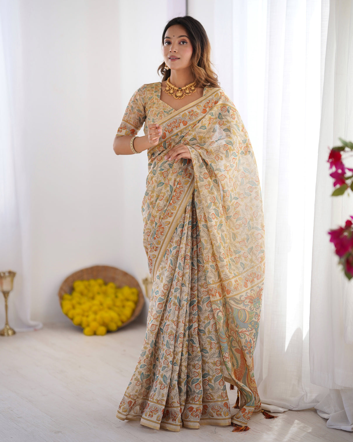Handloom linen cotton printed saree with mythical animal art pallu soft cream with terracotta teal accents mameraa