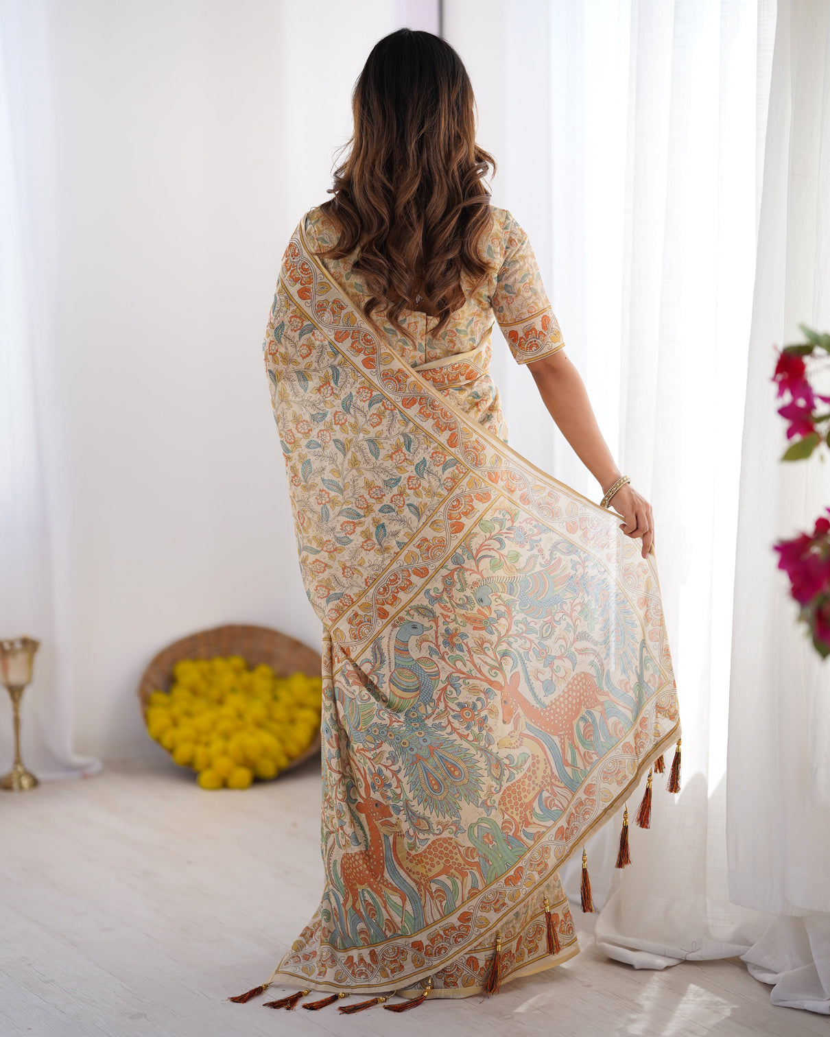 Handloom linen cotton printed saree with mythical animal art pallu soft cream with terracotta teal accents