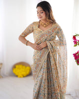 Handloom Linen Cotton Printed Saree with Mythical Animal Art Pallu – Soft Cream with Terracotta & Teal Accents