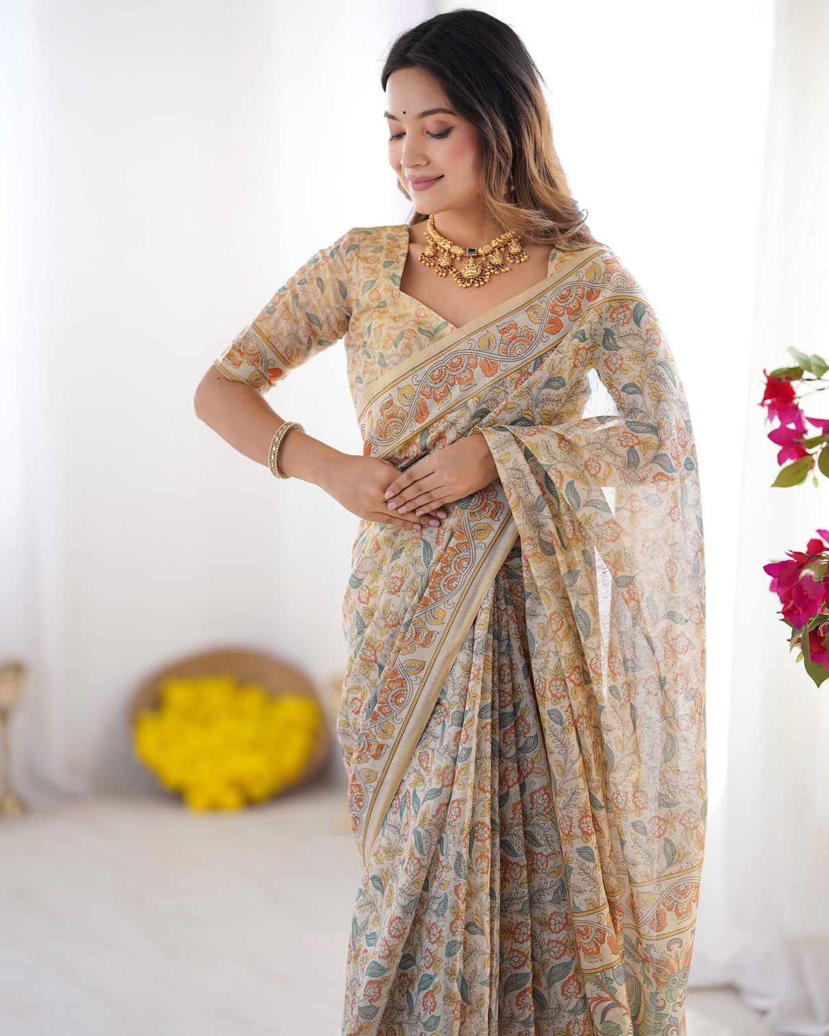 Handloom linen cotton printed saree with mythical animal art pallu soft cream with terracotta teal accents