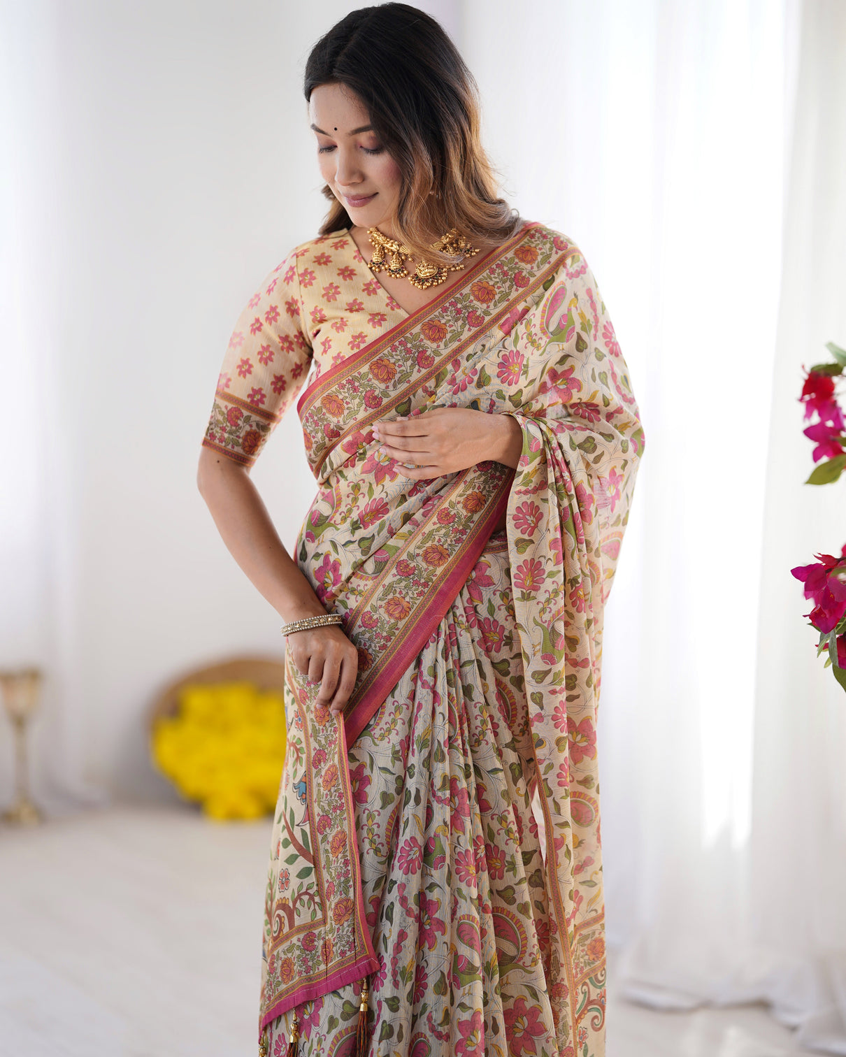 Cream pink handloom linen cotton printed saree with folk art bird motif pallu
