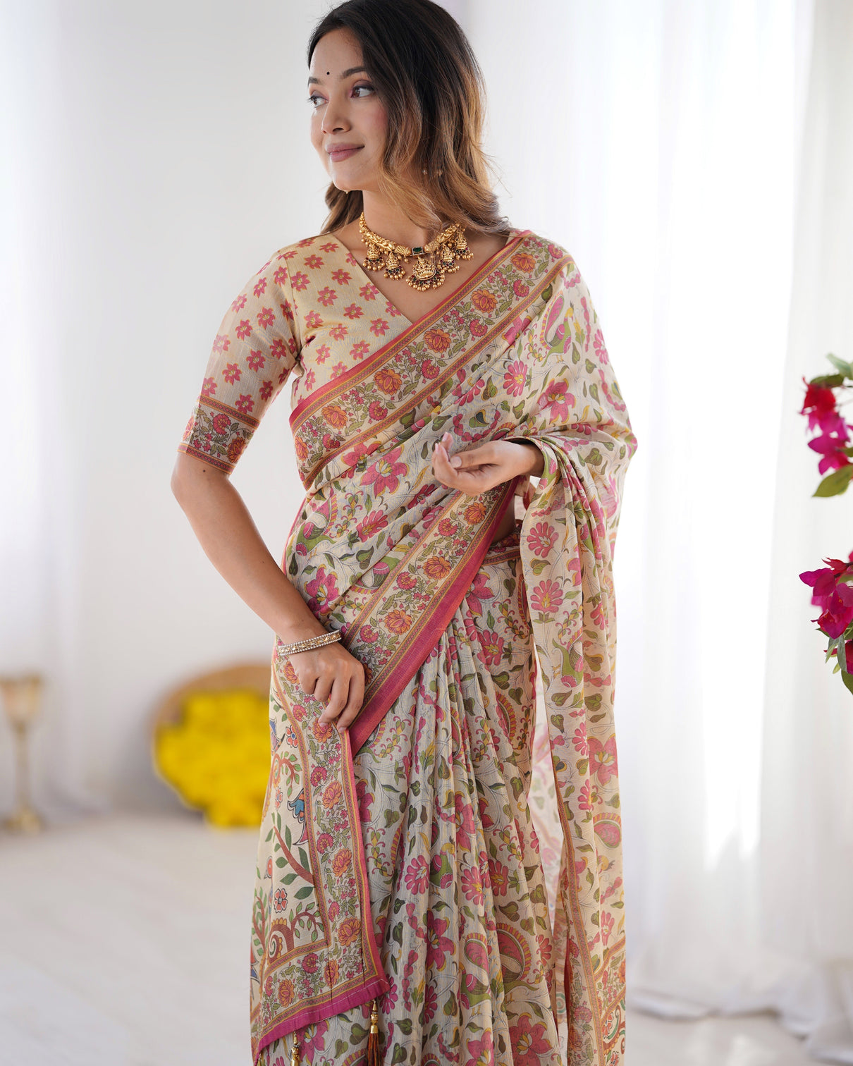 Cream pink handloom linen cotton printed saree with folk art bird motif pallu