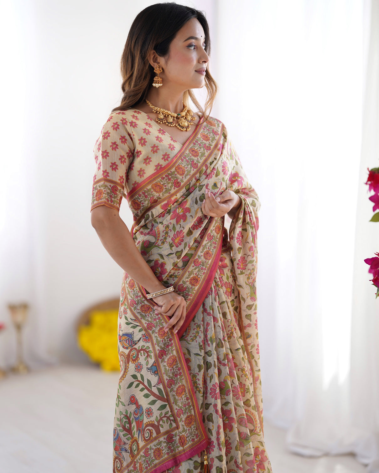 Cream pink handloom linen cotton printed saree with folk art bird motif pallu