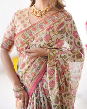 Cream pink handloom linen cotton printed saree with folk art bird motif pallu
