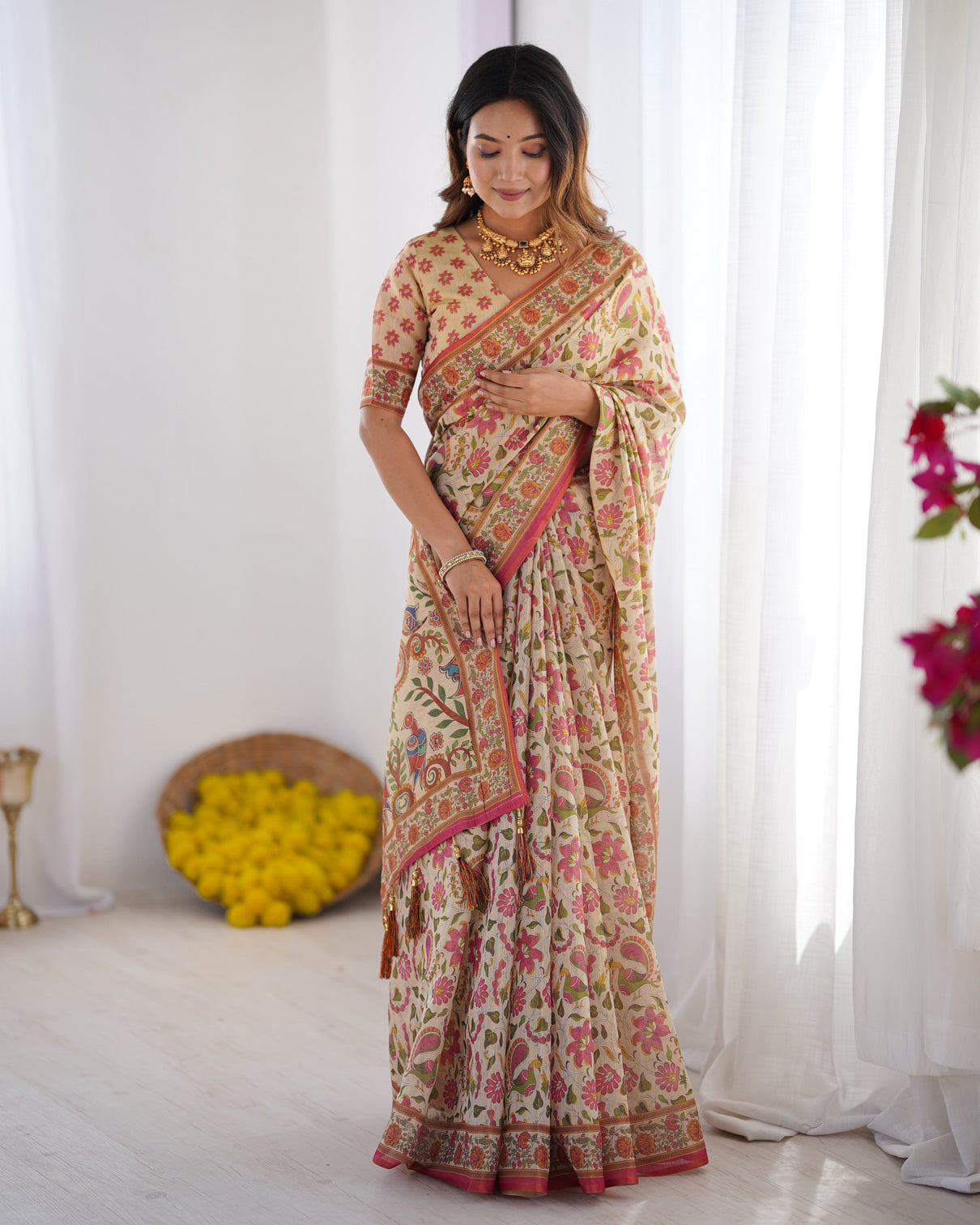 Cream pink handloom linen cotton printed saree with folk art bird motif pallu