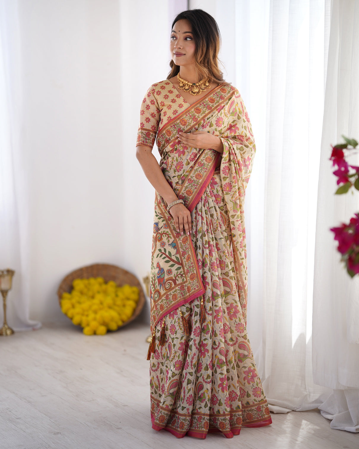 Cream pink handloom linen cotton printed saree with folk art bird motif pallu