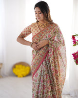 Cream Pink Handloom Linen Cotton Printed Saree with Folk Art Bird Motif Pallu