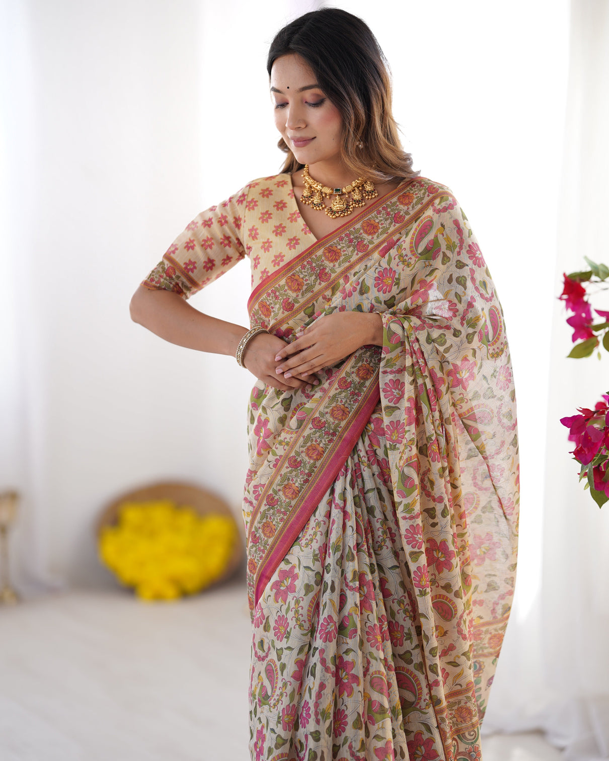 Cream pink handloom linen cotton printed saree with folk art bird motif pallu