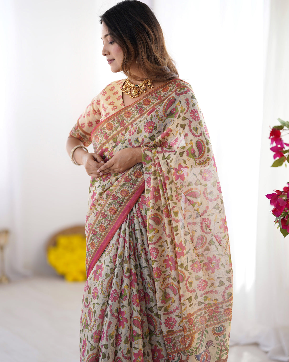 Cream pink handloom linen cotton printed saree with folk art bird motif pallu