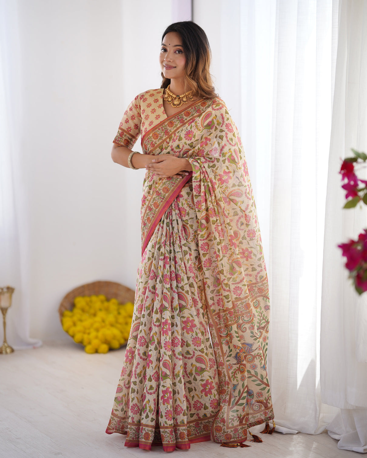 Cream pink handloom linen cotton printed saree with folk art bird motif pallu