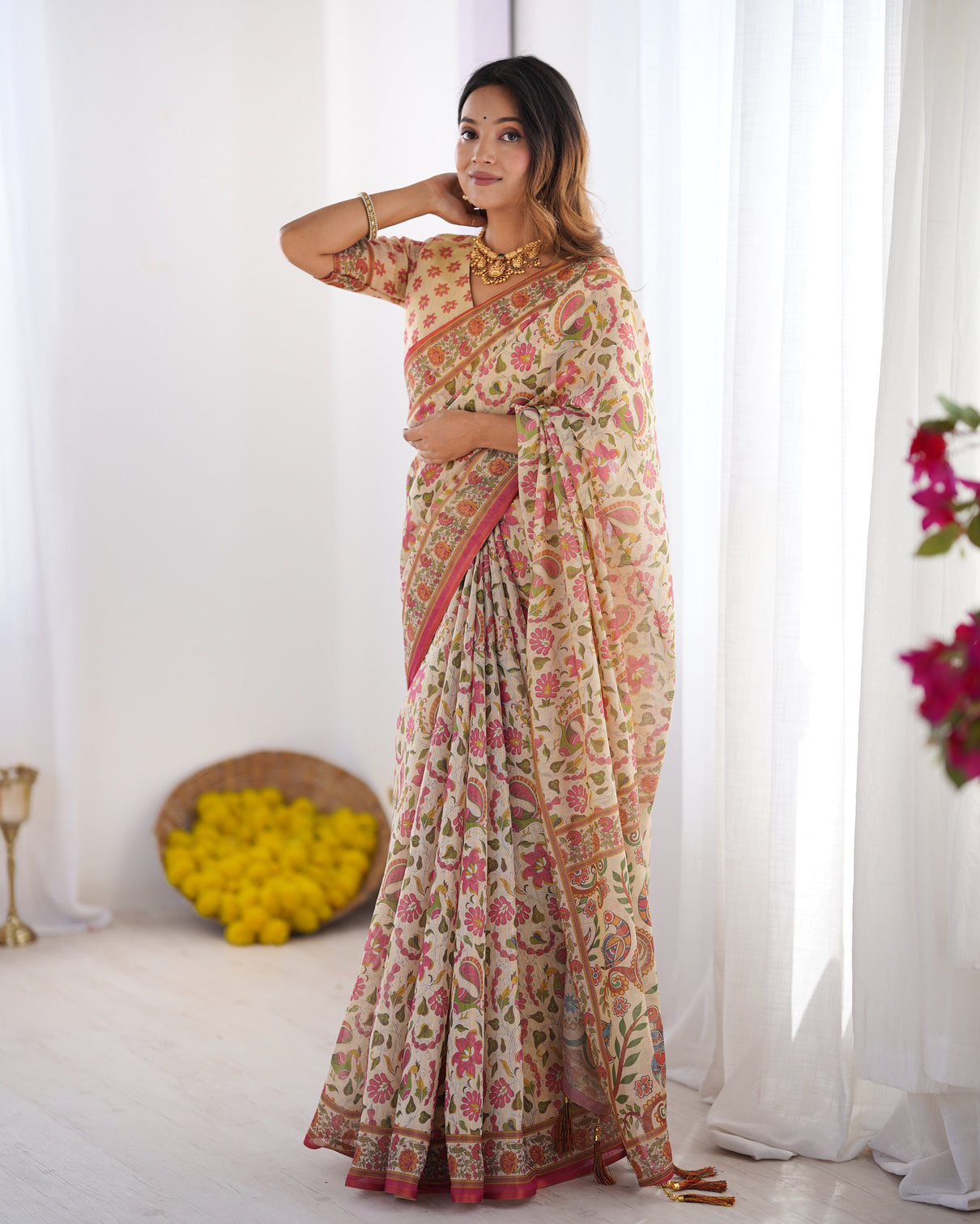 Cream pink handloom linen cotton printed saree with folk art bird motif pallu
