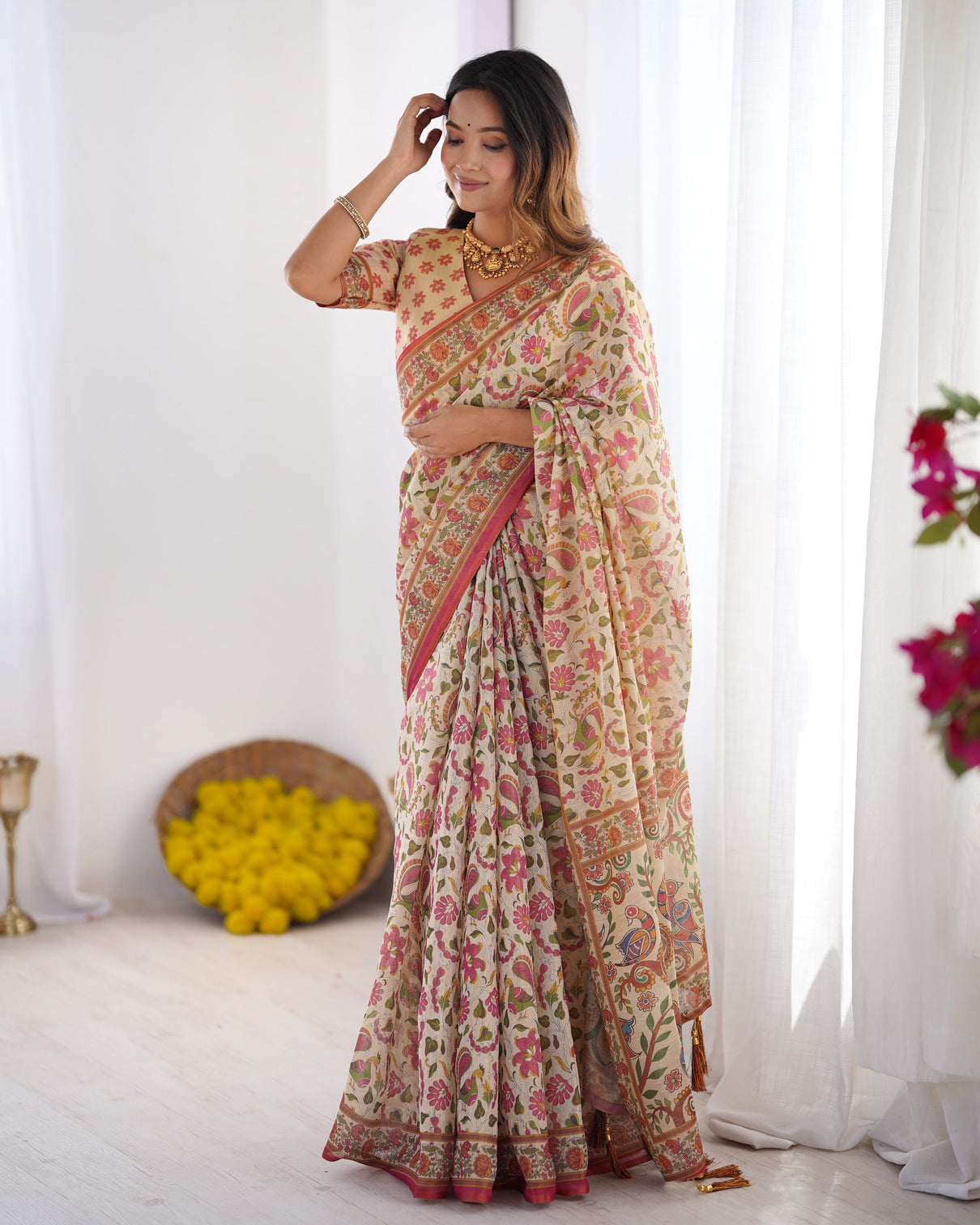 Cream pink handloom linen cotton printed saree with folk art bird motif pallu
