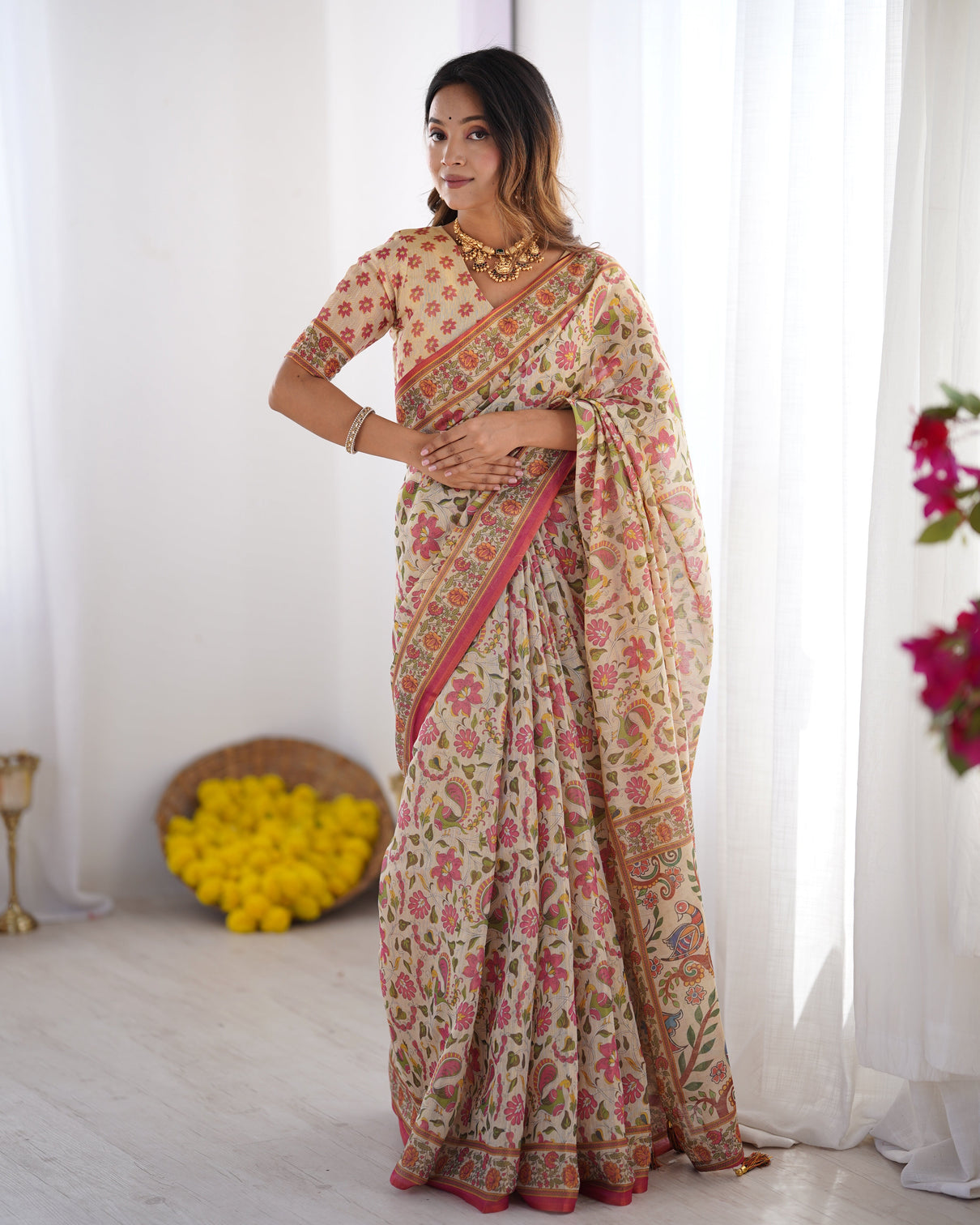 Cream pink handloom linen cotton printed saree with folk art bird motif pallu