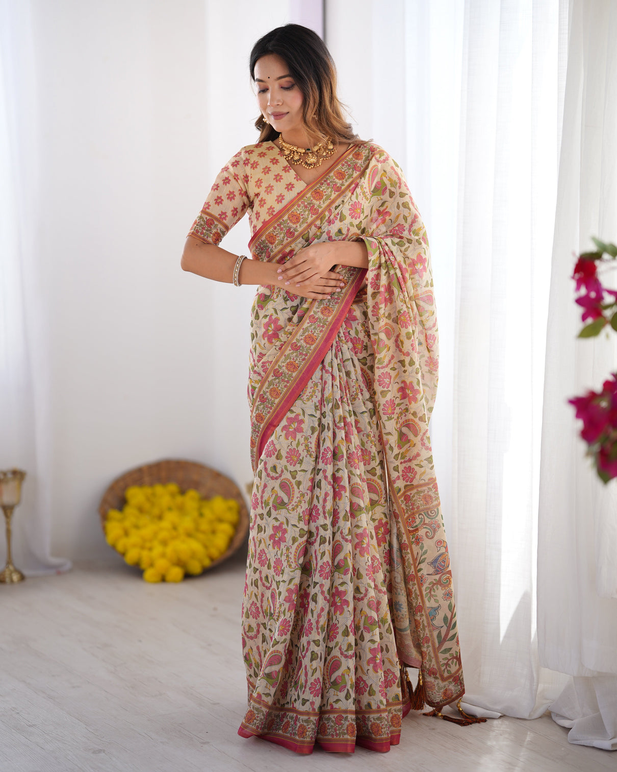 Cream pink handloom linen cotton printed saree with folk art bird motif pallu mameraa