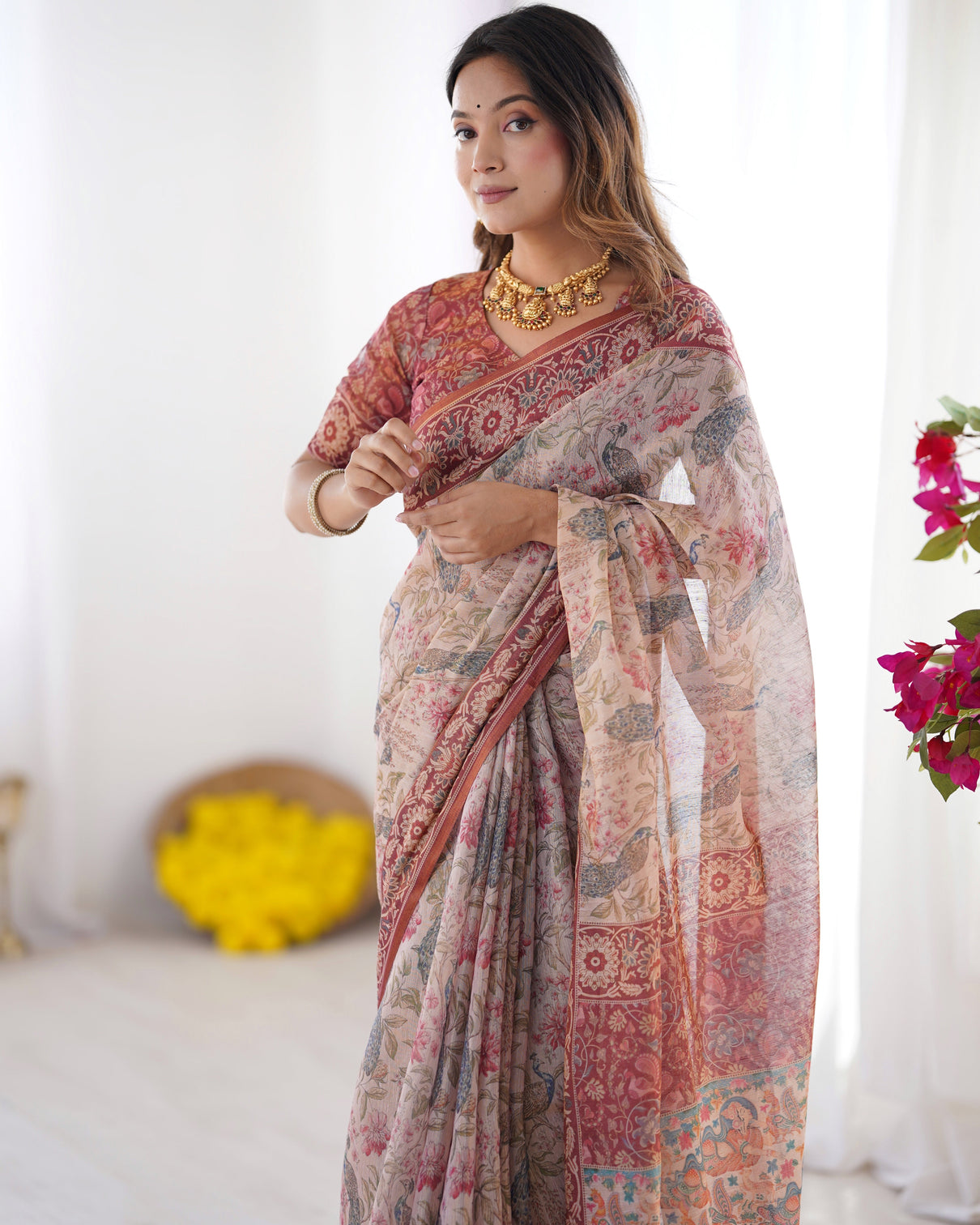 Blush cream handloom linen cotton saree with artistic bird motif pallu