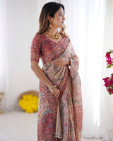 Blush Cream Handloom Linen Cotton Saree with Artistic Bird Motif Pallu
