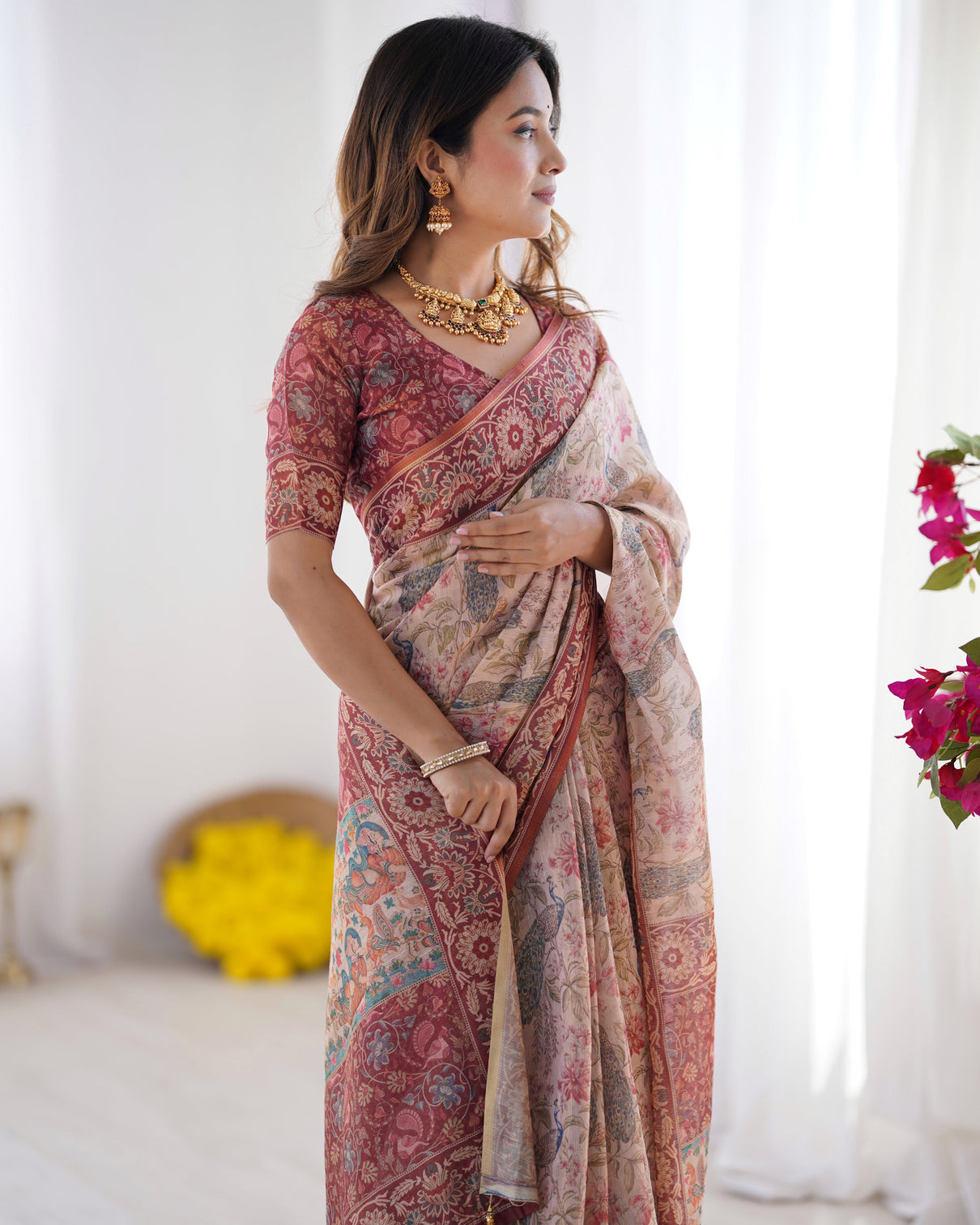 Blush cream handloom linen cotton saree with artistic bird motif pallu