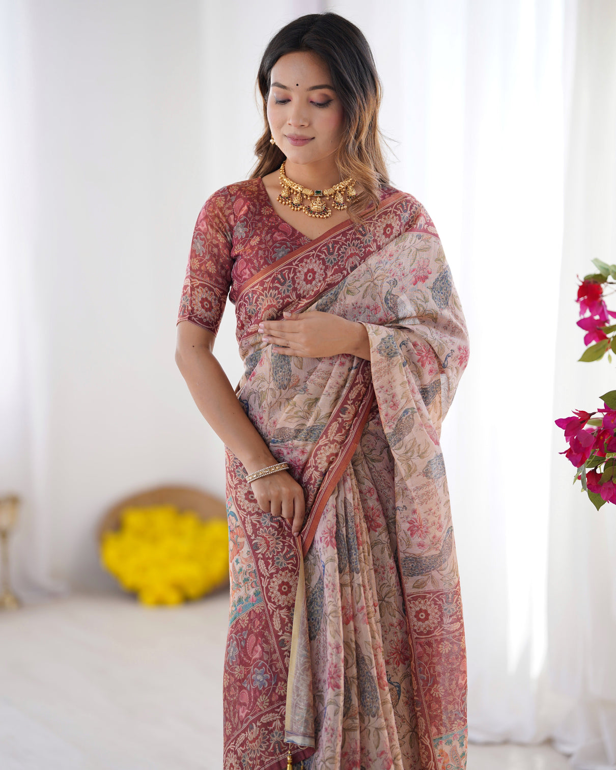 Blush cream handloom linen cotton saree with artistic bird motif pallu