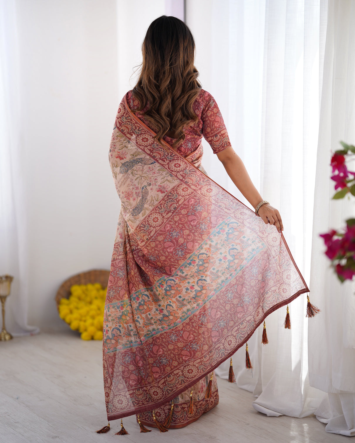 Blush cream handloom linen cotton saree with artistic bird motif pallu
