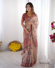 Blush cream handloom linen cotton saree with artistic bird motif pallu mameraa