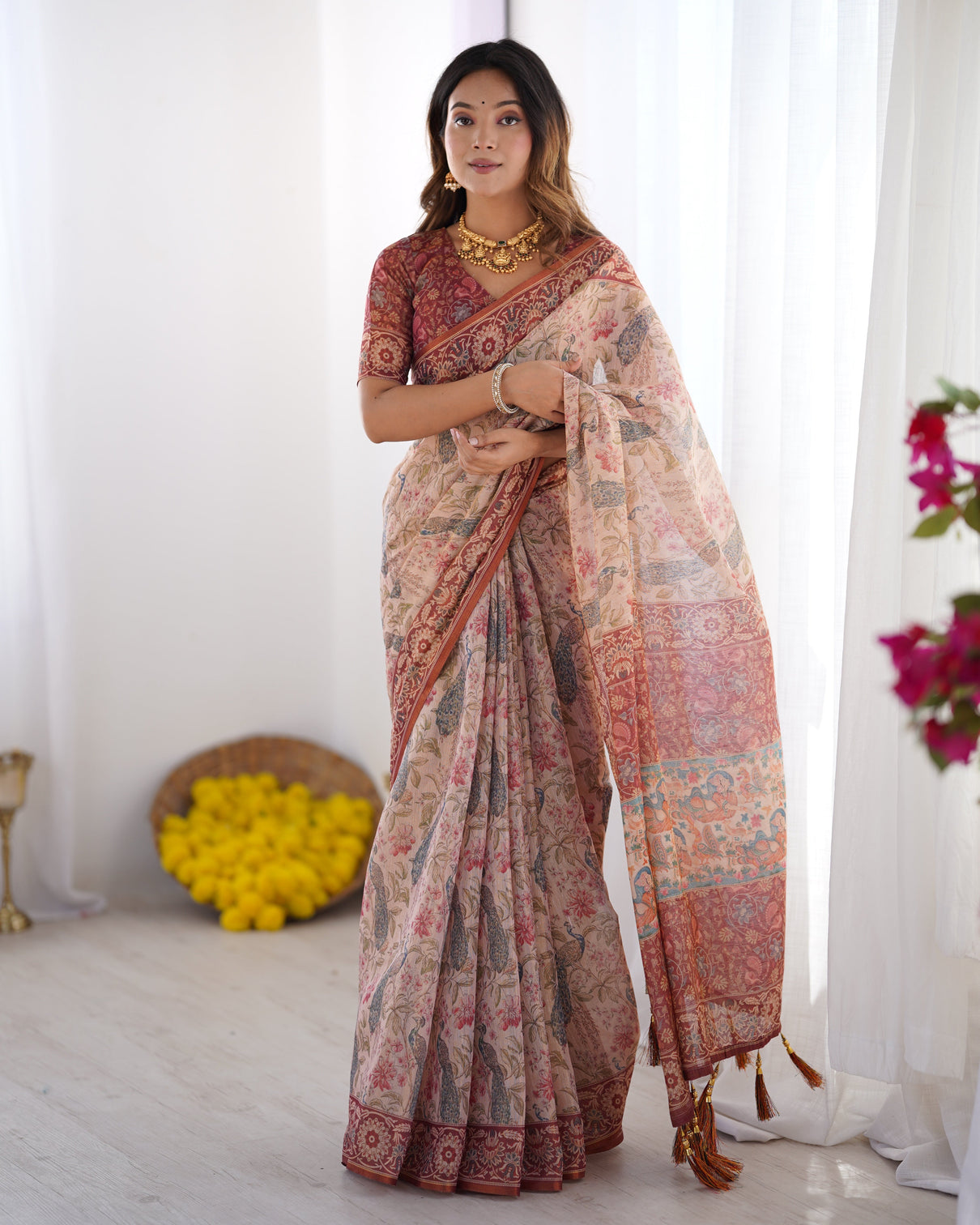Blush cream handloom linen cotton saree with artistic bird motif pallu