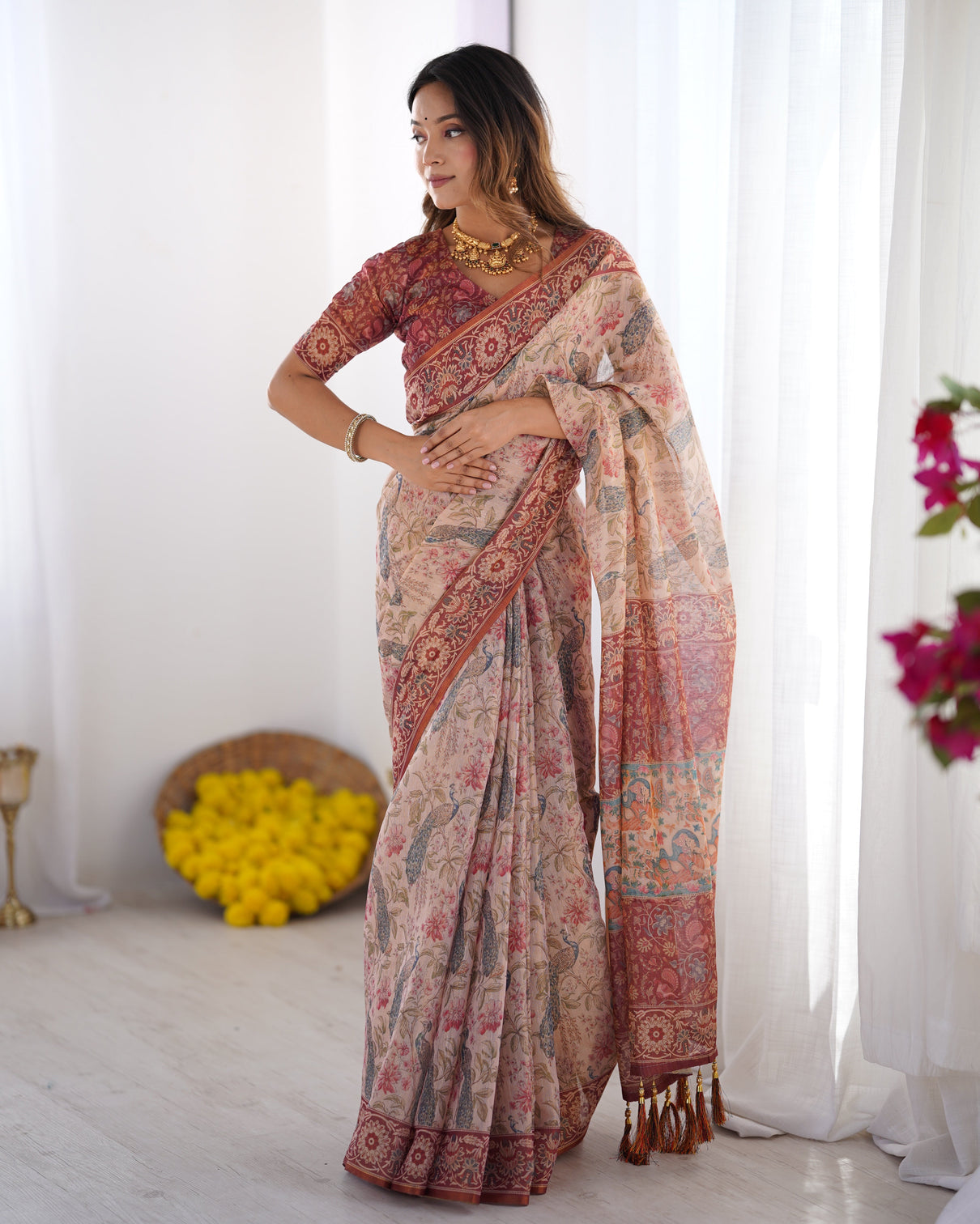 Blush cream handloom linen cotton saree with artistic bird motif pallu