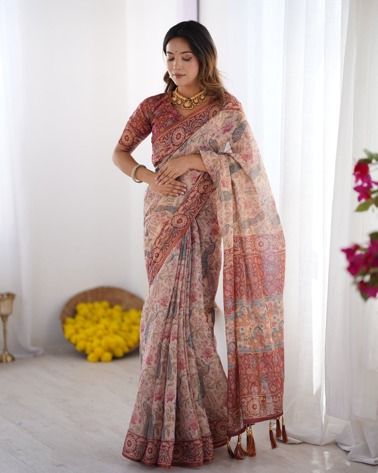 Blush cream handloom linen cotton saree with artistic bird motif pallu