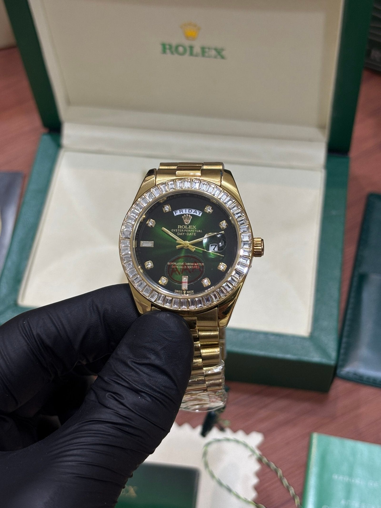 Rolex Oyster Perpetual Day Date Gold Green Dial Diamond Watch