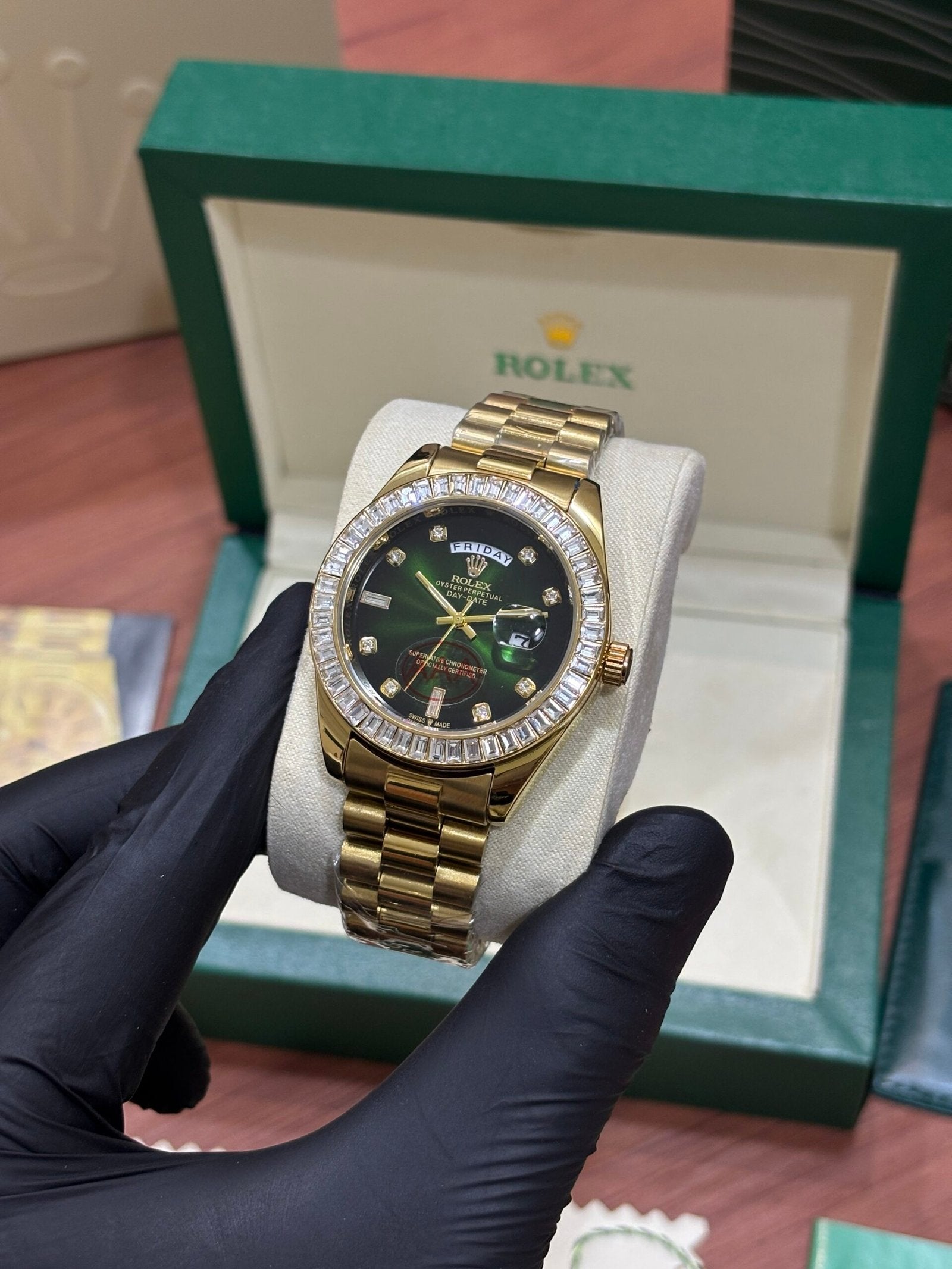 Rolex Oyster Perpetual Day Date Gold Green Dial Diamond Watch