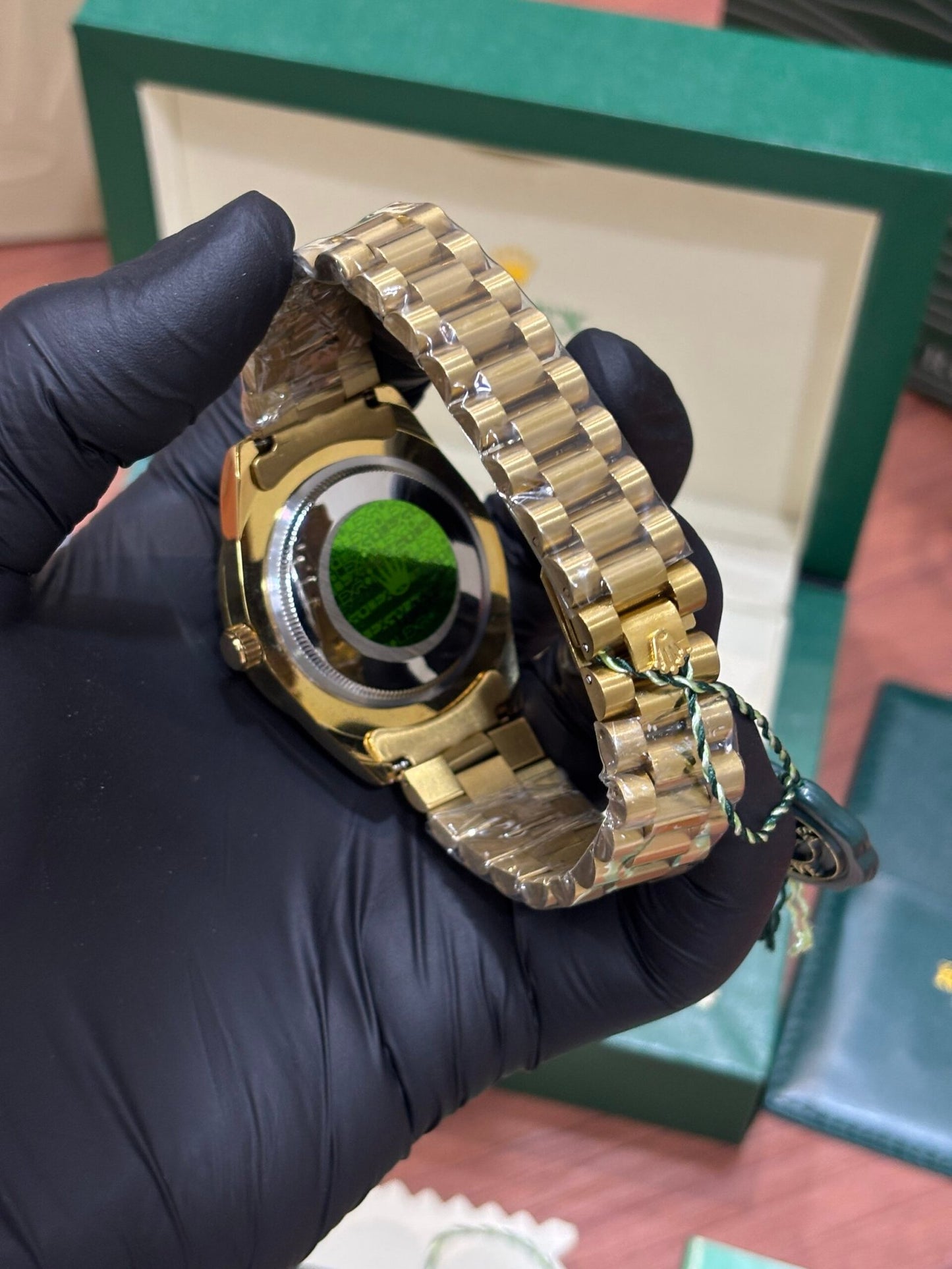 Rolex Oyster Perpetual Day Date Gold Green Dial Diamond Watch