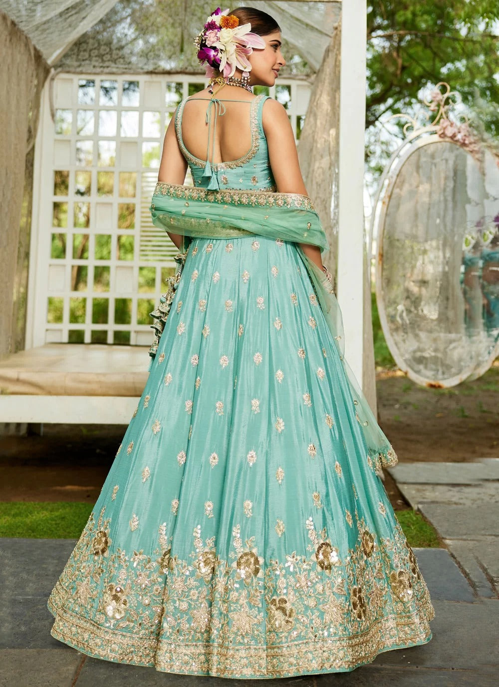 Gorgeous seagreen sequin work poly chiffon lehenga choli for sangeet look with dupatta