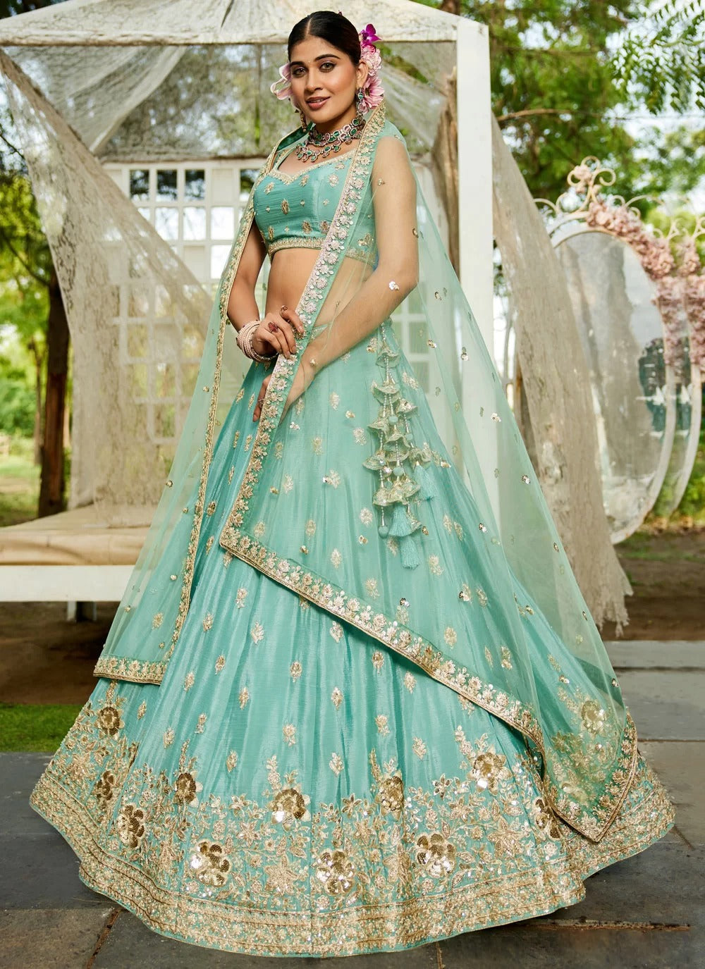 Gorgeous seagreen sequin work poly chiffon lehenga choli for sangeet look with dupatta
