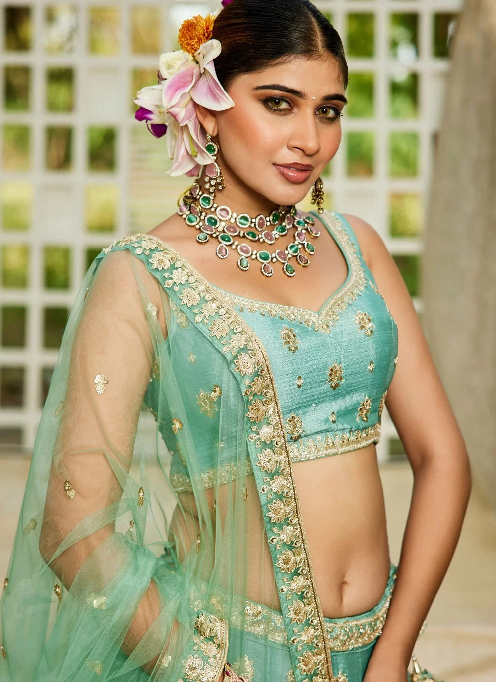 Gorgeous seagreen sequin work poly chiffon lehenga choli for sangeet look with dupatta