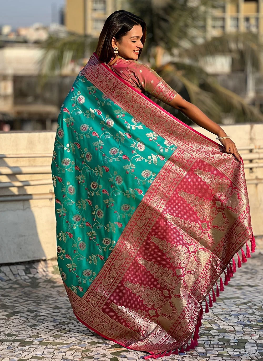 Graceful rama blue banarasi soft silk saree with zari work