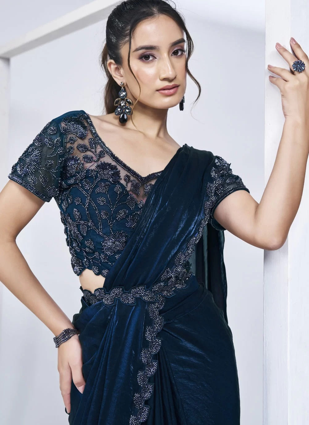 Captivating morpeach satin silk ready to wear one minute saree with handwork