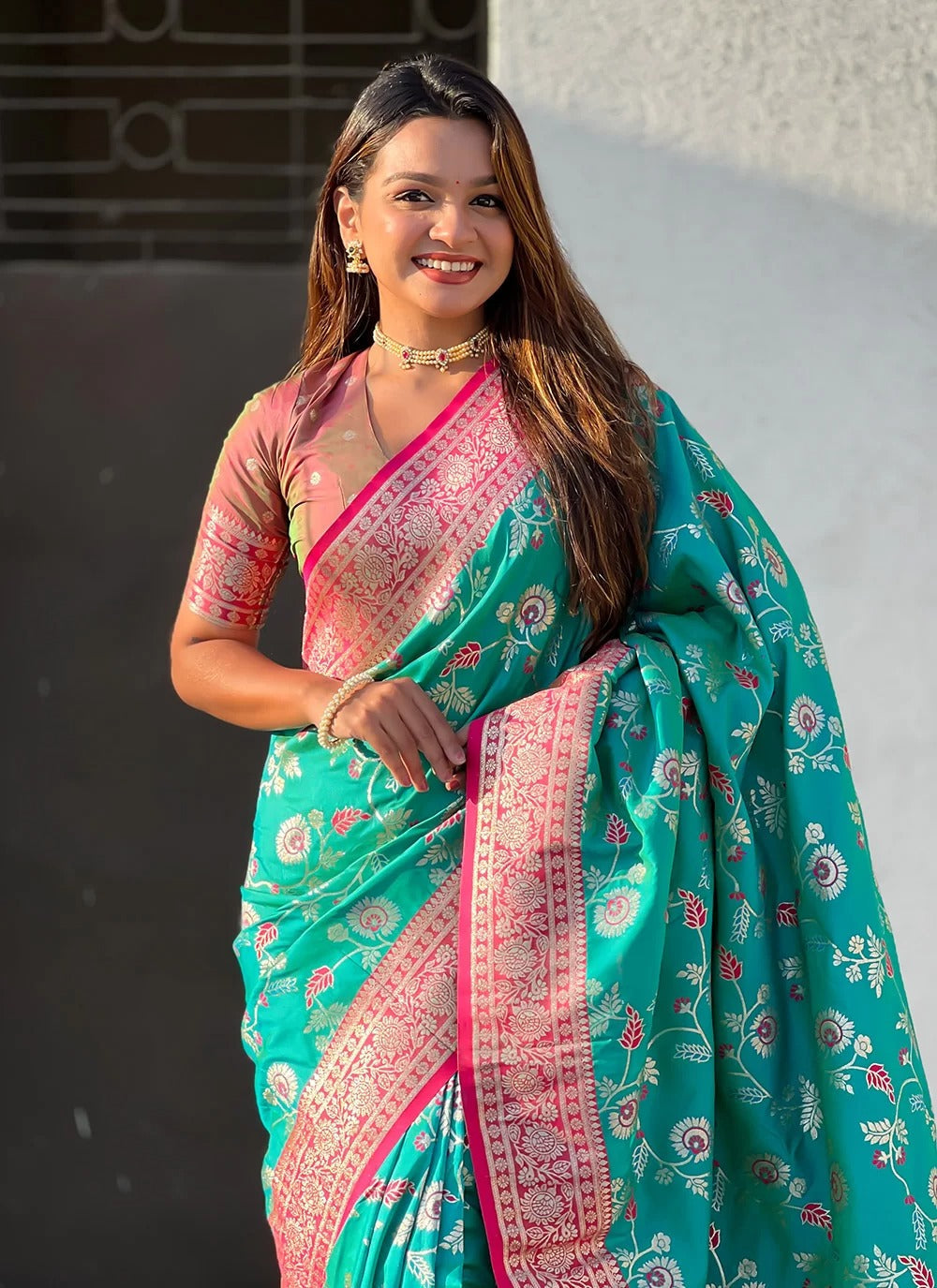 Graceful rama blue banarasi soft silk saree with zari work