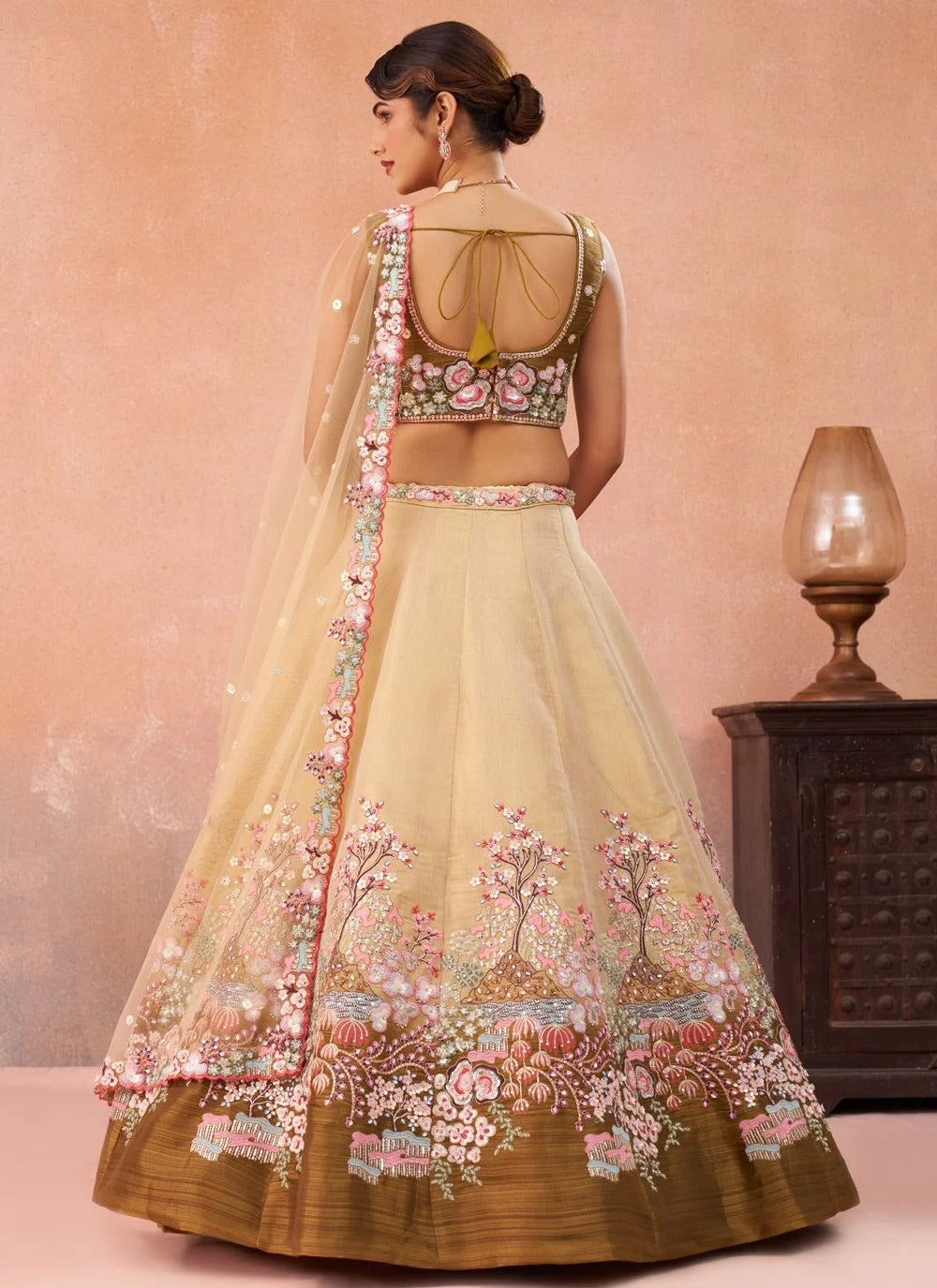 Mustard heavy embroidered bridal lehenga in ombre beige and olive