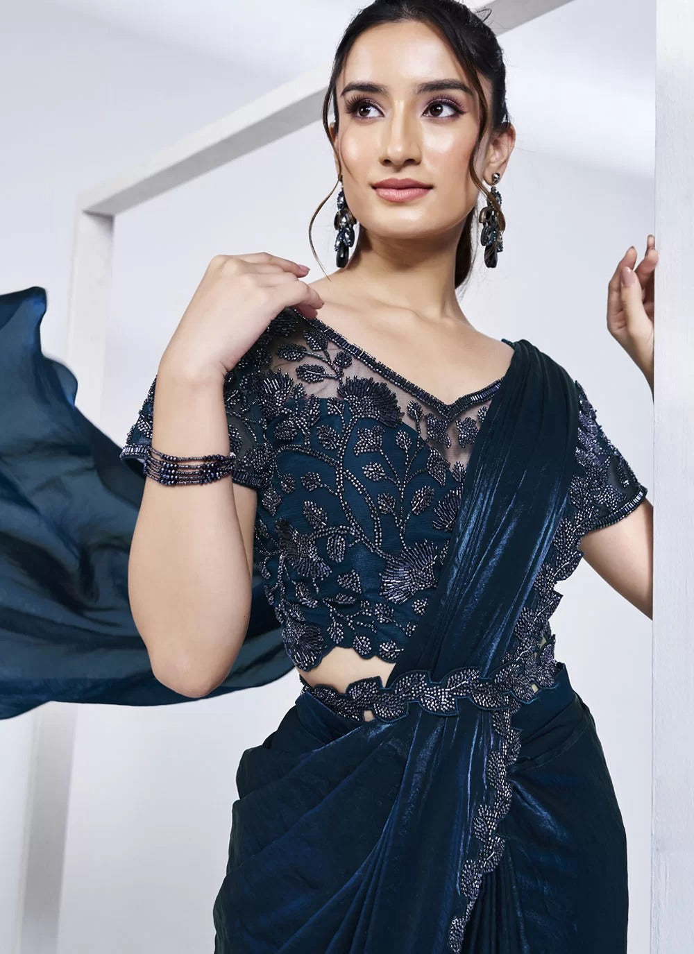 Captivating morpeach satin silk ready to wear one minute saree with handwork