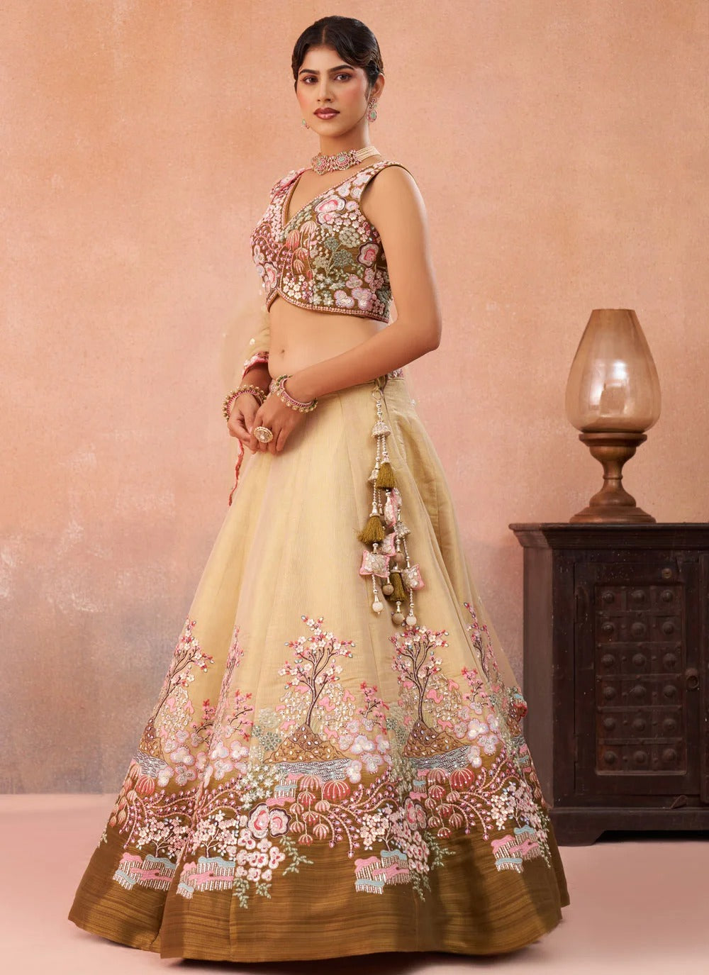 Mustard heavy embroidered bridal lehenga in ombre beige and olive