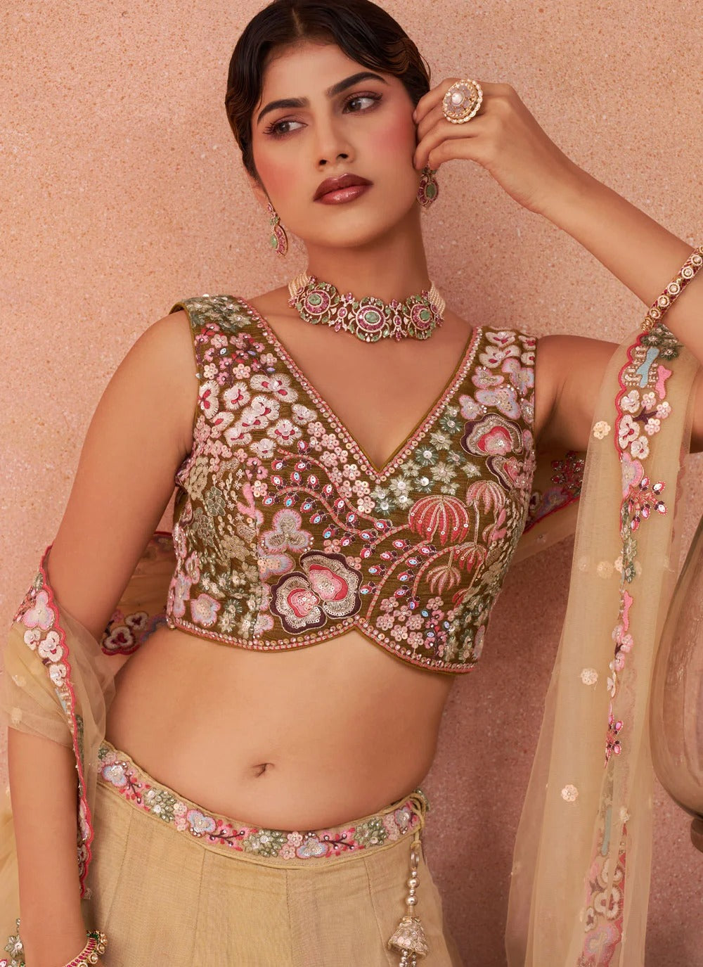 Mustard heavy embroidered bridal lehenga in ombre beige and olive